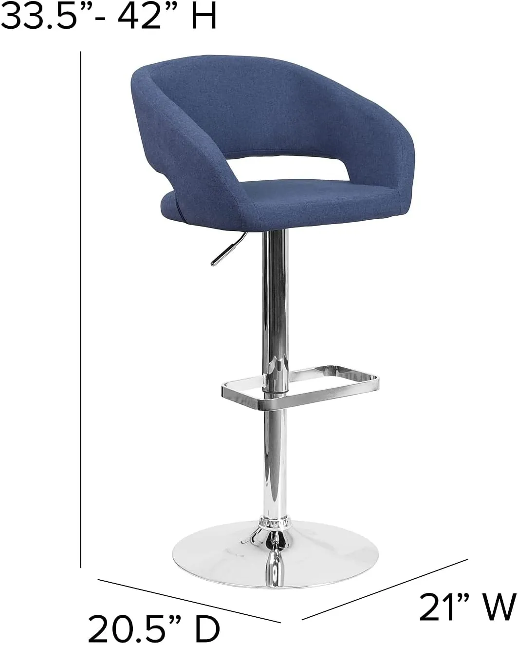 Flash Furniture Erik Comfortable & Stylish Contemporary Barstool with Rounded Mid-Back and Foot Rest, Adjustable Height - Blue Fabric with Chrome Base