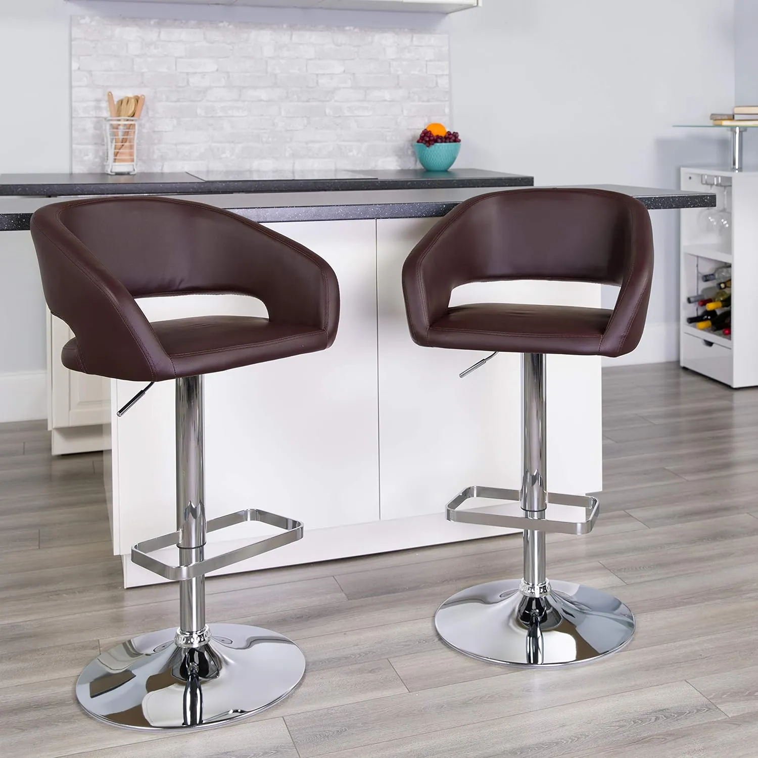 Flash Furniture Erik Comfortable & Stylish Contemporary Barstool with Rounded Mid-Back and Foot Rest, Adjustable Height - Brown Vinyl with Chrome Base