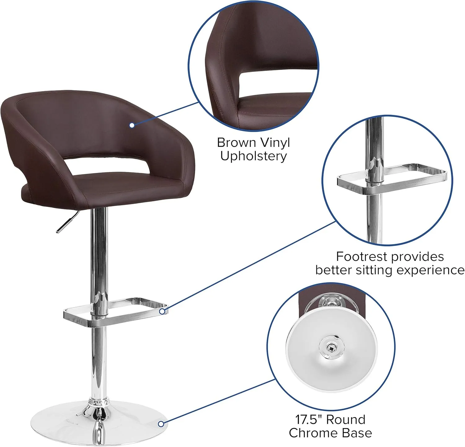 Flash Furniture Erik Comfortable & Stylish Contemporary Barstool with Rounded Mid-Back and Foot Rest, Adjustable Height - Brown Vinyl with Chrome Base