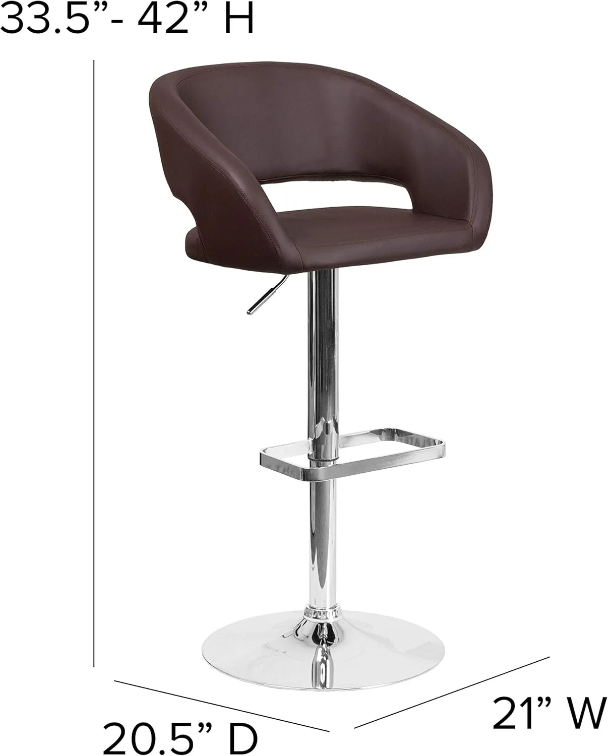 Flash Furniture Erik Comfortable & Stylish Contemporary Barstool with Rounded Mid-Back and Foot Rest, Adjustable Height - Brown Vinyl with Chrome Base