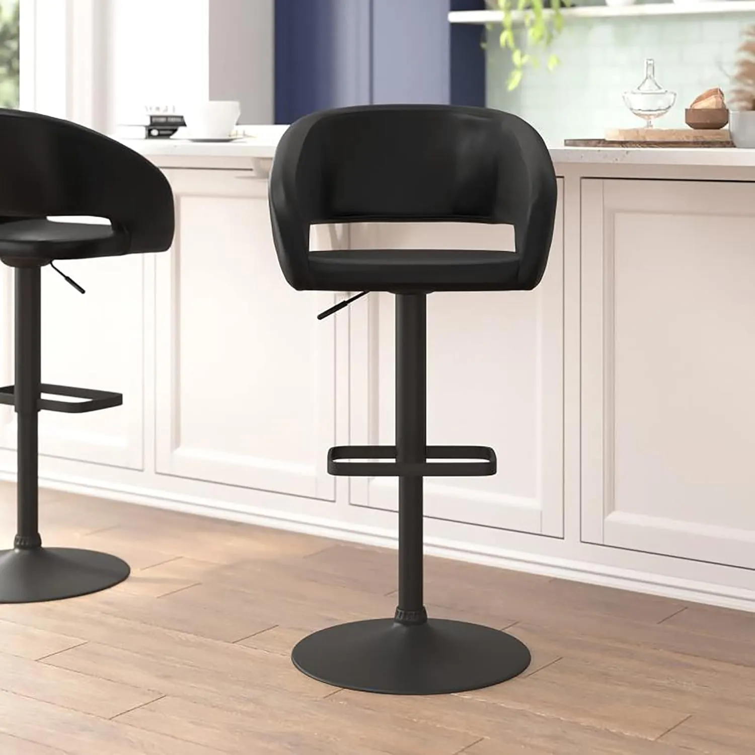 Flash Furniture Erik Contemporary Adjustable Height Barstool with Footrest and Rounded Mid-Back, Upholstered Bar or Counter Height Stool, Black