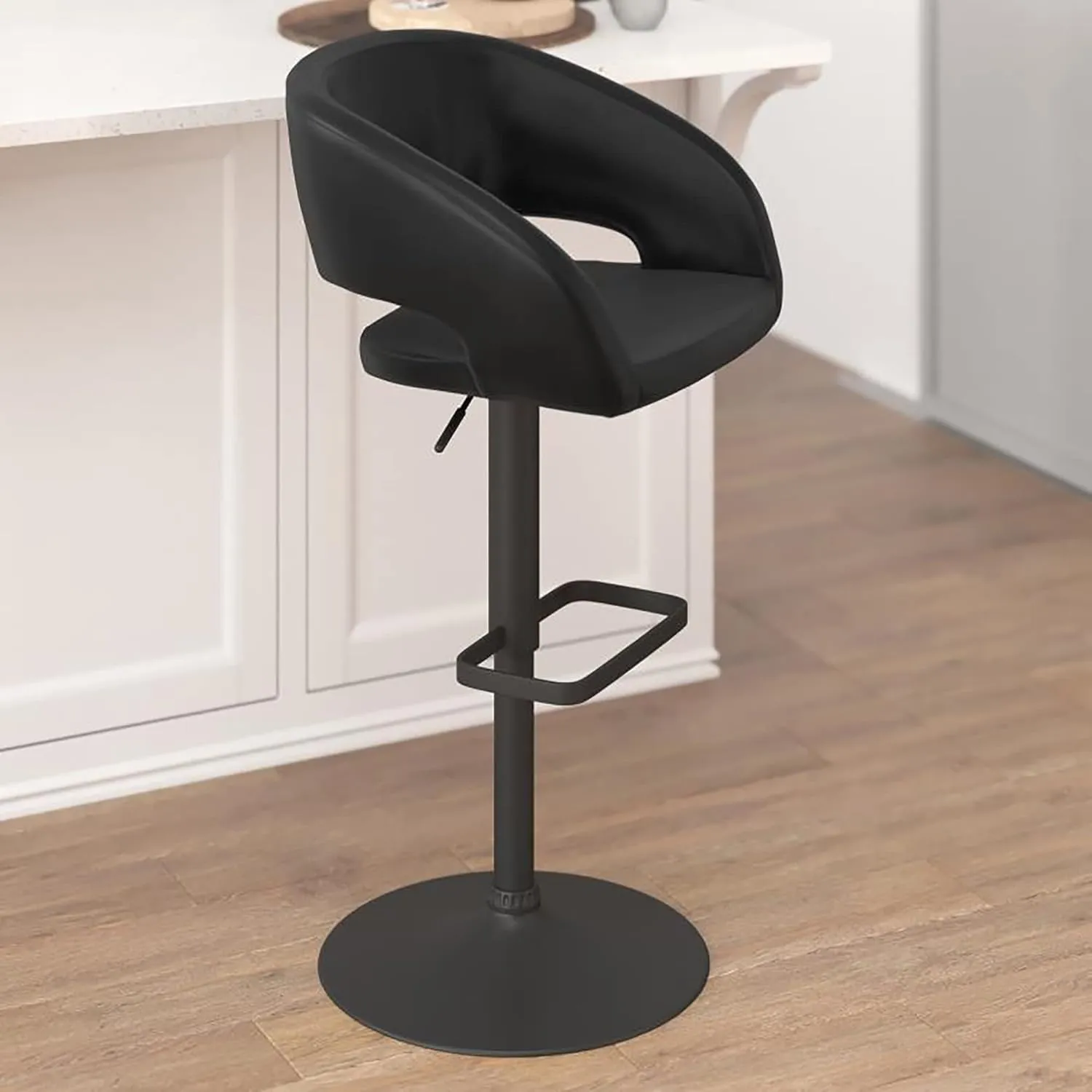 Flash Furniture Erik Contemporary Adjustable Height Barstool with Footrest and Rounded Mid-Back, Upholstered Bar or Counter Height Stool, Black