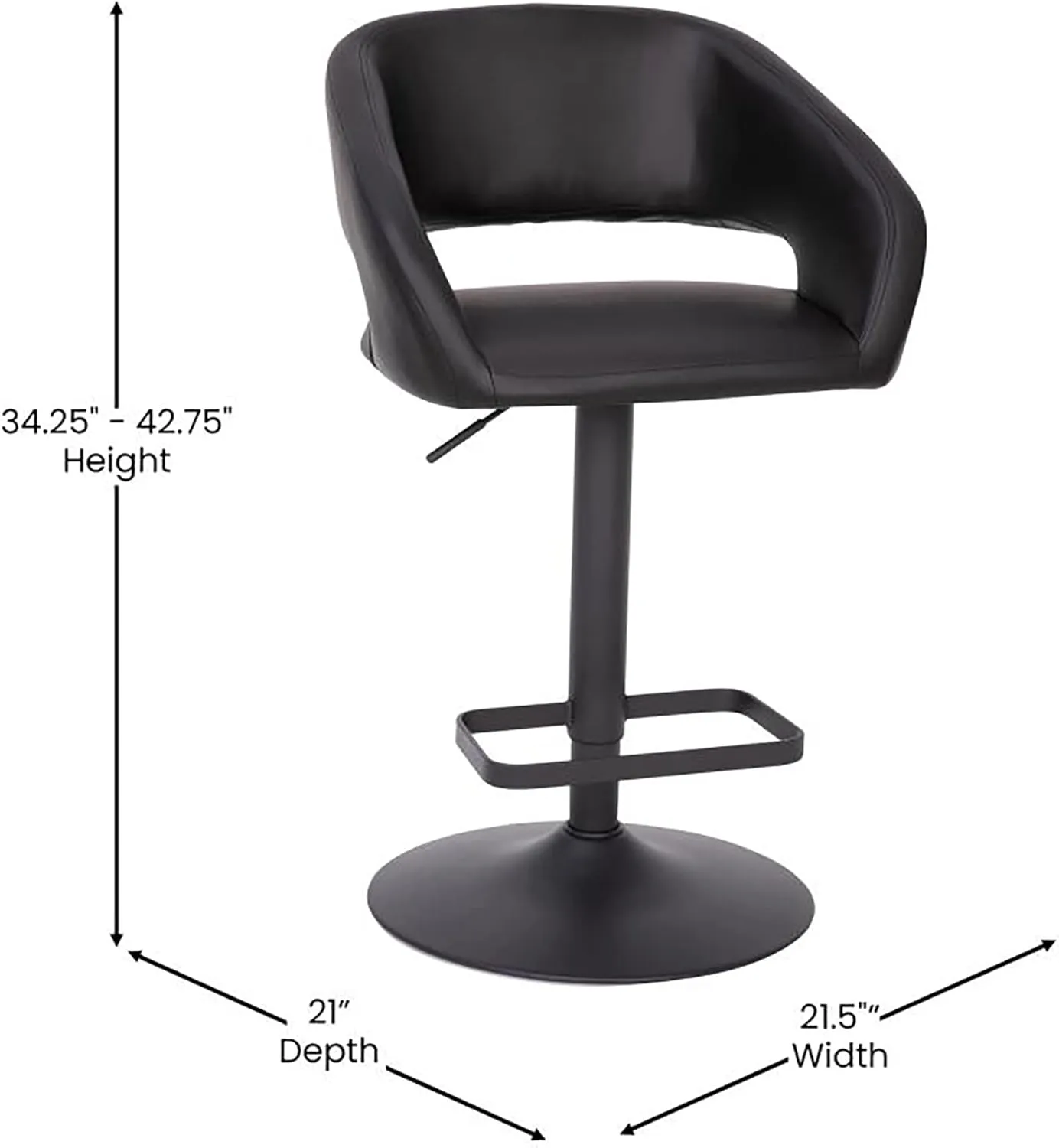 Flash Furniture Erik Contemporary Adjustable Height Barstool with Footrest and Rounded Mid-Back, Upholstered Bar or Counter Height Stool, Black