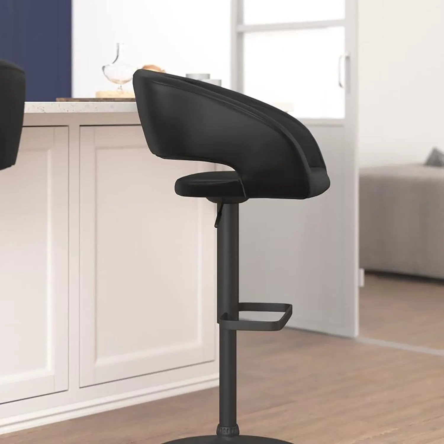 Flash Furniture Erik Contemporary Adjustable Height Barstool with Footrest and Rounded Mid-Back, Upholstered Bar or Counter Height Stool, Black