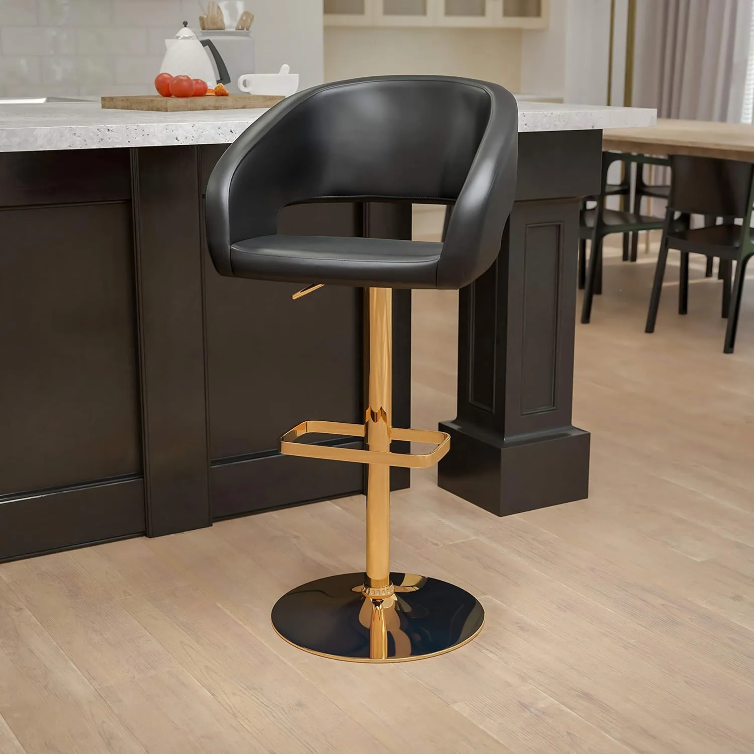 Flash Furniture Erik Contemporary Adjustable Height Barstool with Footrest and Rounded Mid-Back, Upholstered Bar or Counter Height Stool, Black/Gold