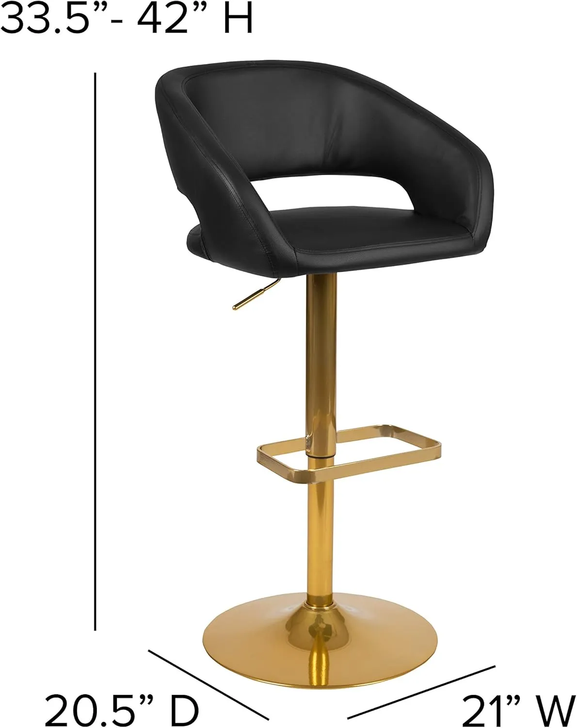 Flash Furniture Erik Contemporary Adjustable Height Barstool with Footrest and Rounded Mid-Back, Upholstered Bar or Counter Height Stool, Black/Gold