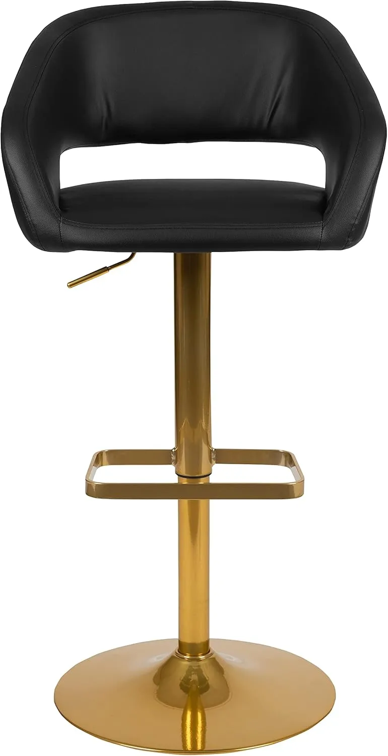 Flash Furniture Erik Contemporary Adjustable Height Barstool with Footrest and Rounded Mid-Back, Upholstered Bar or Counter Height Stool, Black/Gold