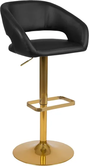 Flash Furniture Erik Contemporary Adjustable Height Barstool with Footrest and Rounded Mid-Back, Upholstered Bar or Counter Height Stool, Black/Gold