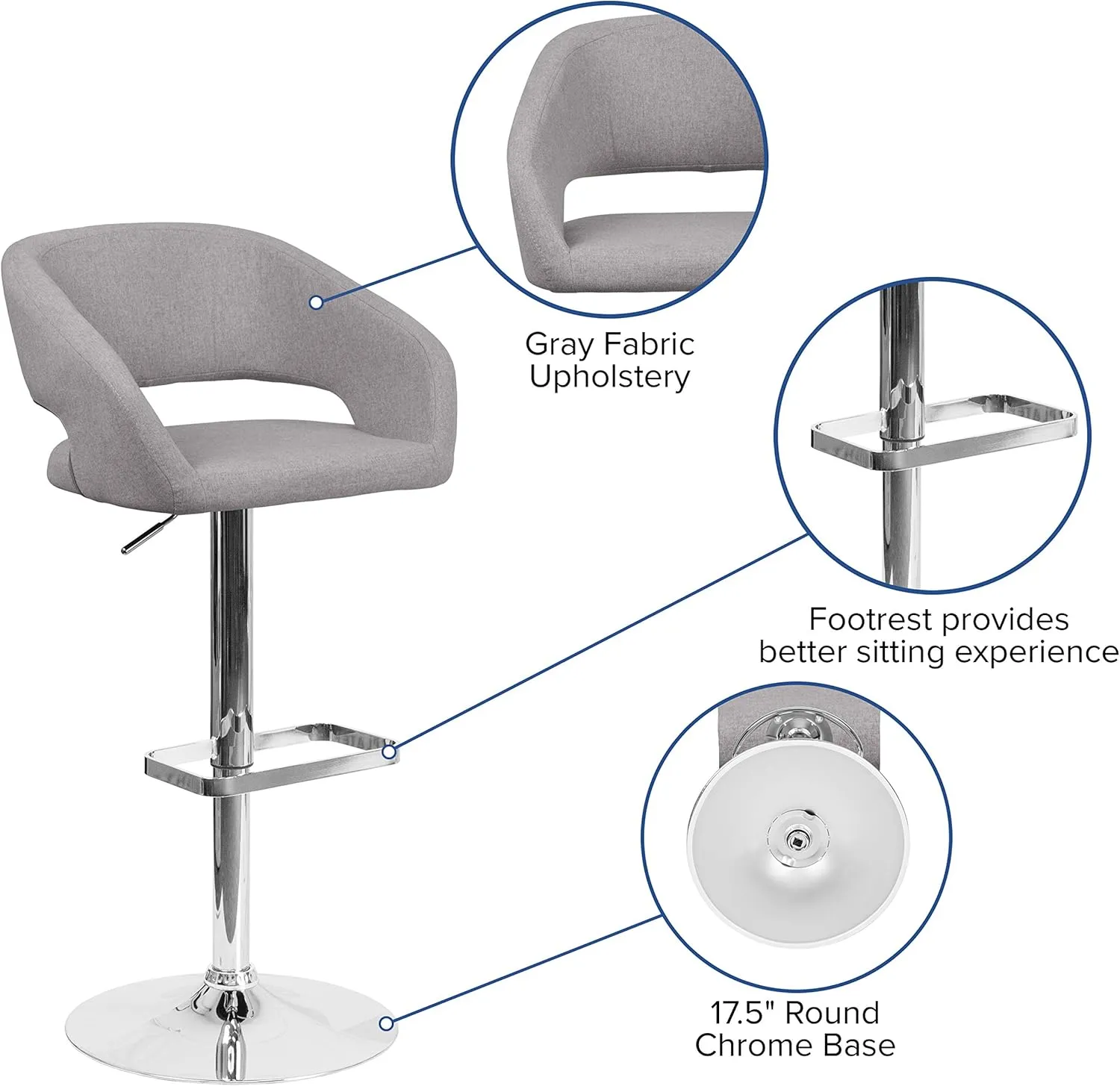 Flash Furniture Erik Contemporary Adjustable Height Barstool with Footrest and Rounded Mid-Back, Upholstered Bar or Counter Height Stool, Gray/Chrome