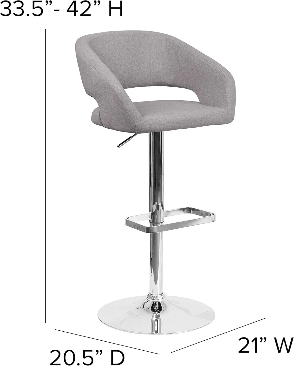 Flash Furniture Erik Contemporary Adjustable Height Barstool with Footrest and Rounded Mid-Back, Upholstered Bar or Counter Height Stool, Gray/Chrome