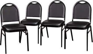 Flash Furniture HERCULES Set of 4 Commercial Grade 500 LB. Capacity Dome Back Stack Chairs - Black Vinyl Upholstery - Black Metal Frames - Built-In Handle