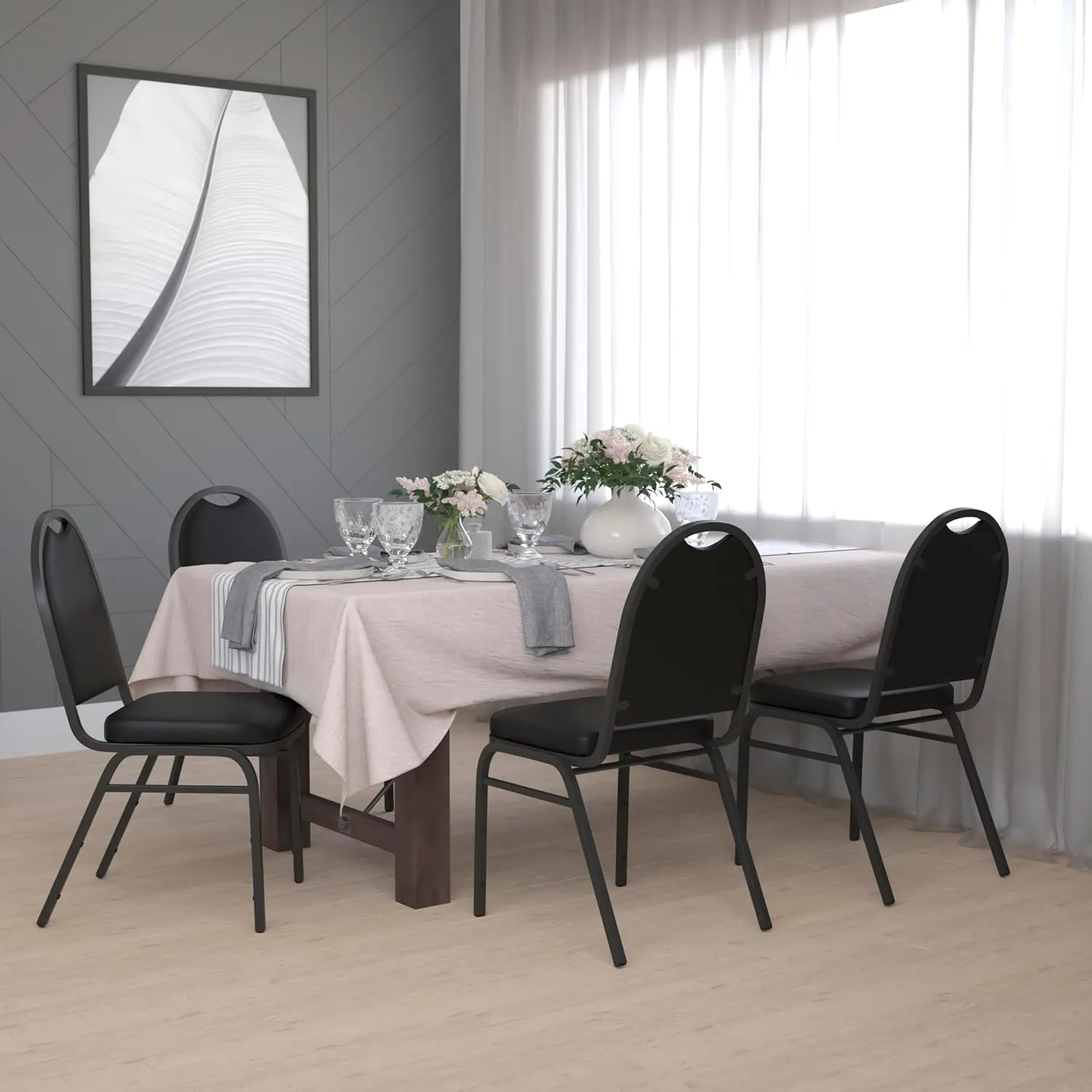 Flash Furniture HERCULES Set of 4 Commercial Grade 500 LB. Capacity Dome Back Stack Chairs - Black Vinyl Upholstery - Black Metal Frames - Built-In Handle