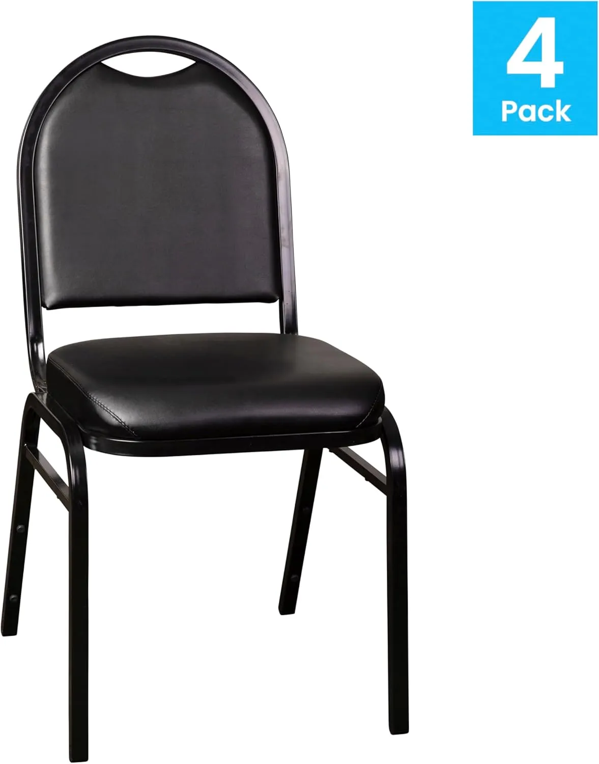 Flash Furniture HERCULES Set of 4 Commercial Grade 500 LB. Capacity Dome Back Stack Chairs - Black Vinyl Upholstery - Black Metal Frames - Built-In Handle