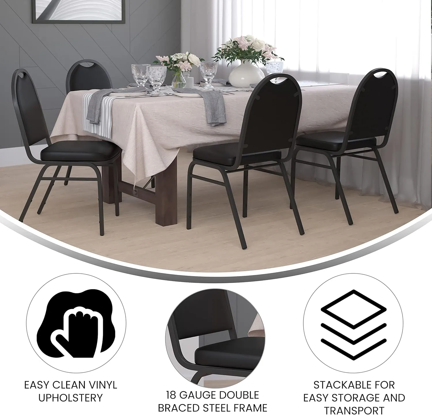 Flash Furniture HERCULES Set of 4 Commercial Grade 500 LB. Capacity Dome Back Stack Chairs - Black Vinyl Upholstery - Black Metal Frames - Built-In Handle