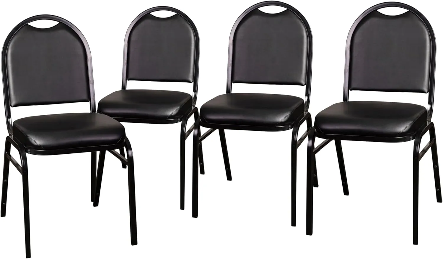 Flash Furniture HERCULES Set of 4 Commercial Grade 500 LB. Capacity Dome Back Stack Chairs - Black Vinyl Upholstery - Black Metal Frames - Built-In Handle