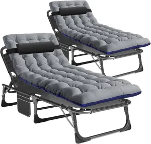 Folding Camping Cots Patio Lounge Chair with Mattress, 4 Position Adjustable Folding Sleeping Bed Patio Chaise Lounge Chairs for Sunbathing, Camping, Pool, Beach, Patio