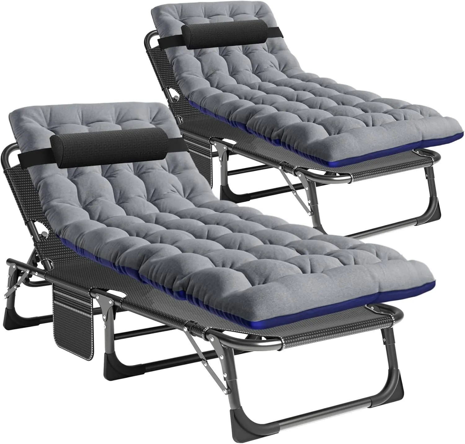 Folding Camping Cots Patio Lounge Chair with Mattress, 4 Position Adjustable Folding Sleeping Bed Patio Chaise Lounge Chairs for Sunbathing, Camping, Pool, Beach, Patio