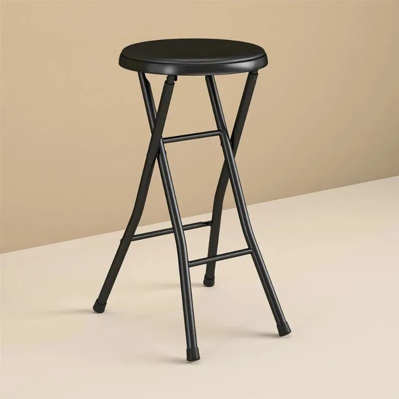 Folding Metal Stool, Black，Slip-Resistant, Padded，Easy to clean，Lightly padded seat