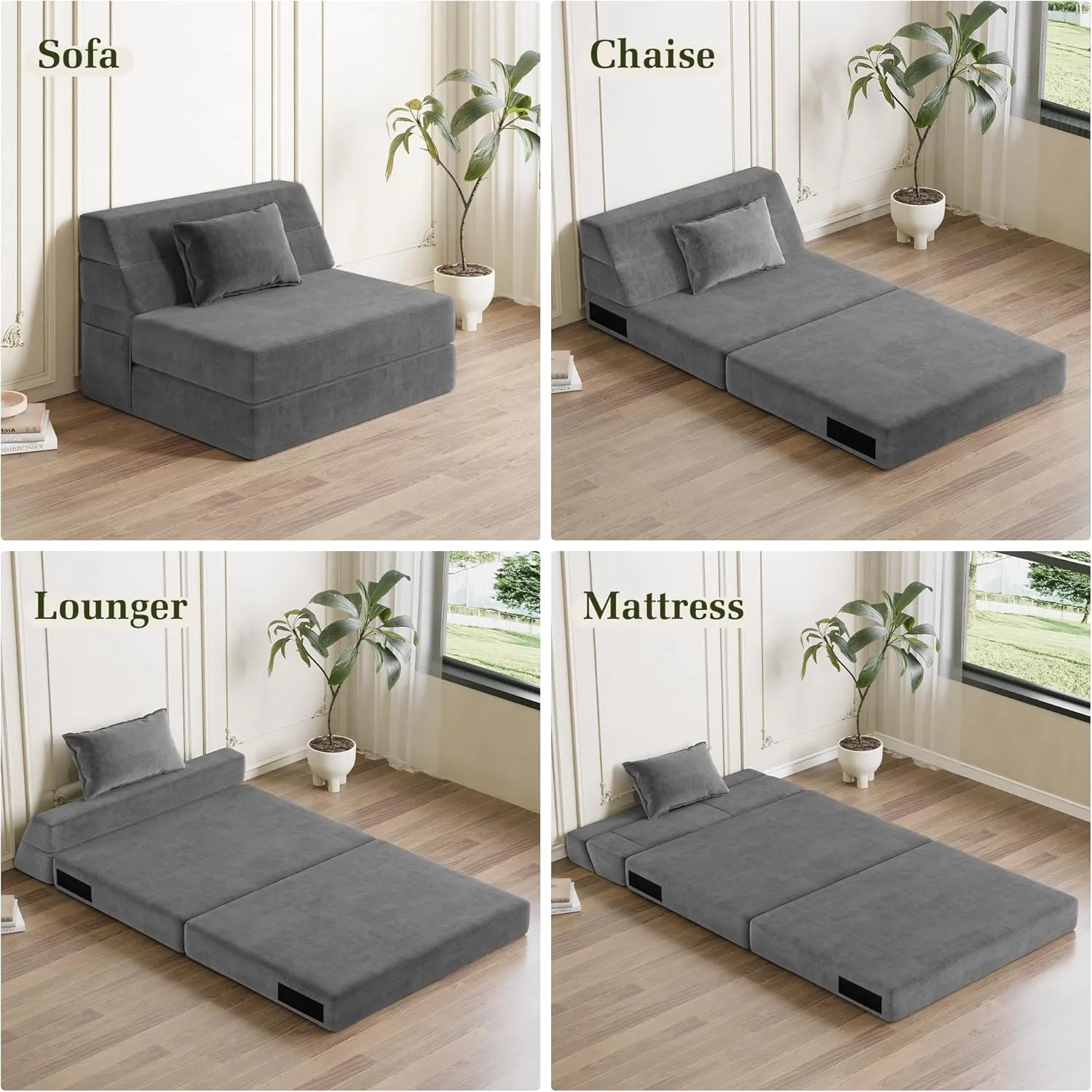 Folding Sofa Bed Convertible Sleeper Chair with Pillow Fold Out Couch Memory Foam Floor Mattress Portable Futon Sofa Bed Lazy Sofa for Living Room/Dorm/Guest Room/Home Office, Single, Light Grey