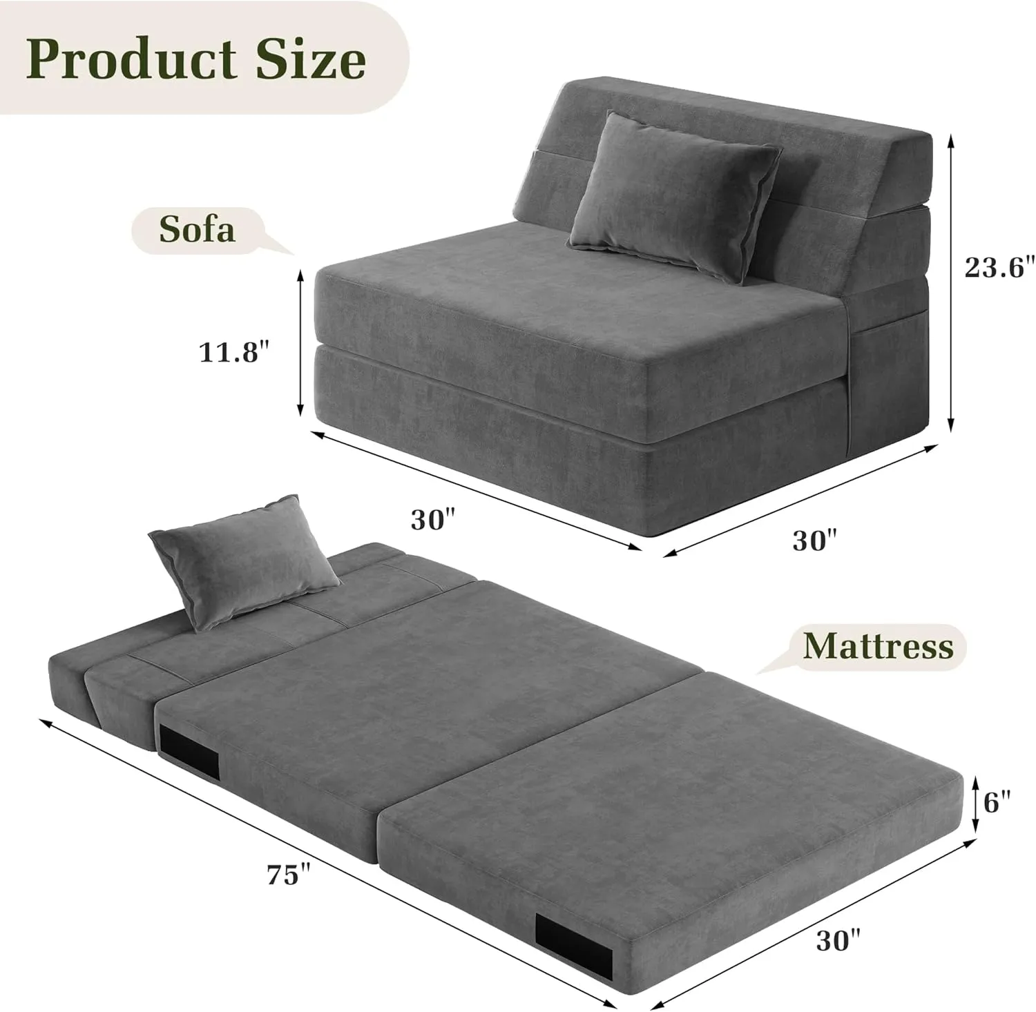 Folding Sofa Bed Convertible Sleeper Chair with Pillow Fold Out Couch Memory Foam Floor Mattress Portable Futon Sofa Bed Lazy Sofa for Living Room/Dorm/Guest Room/Home Office, Single, Light Grey