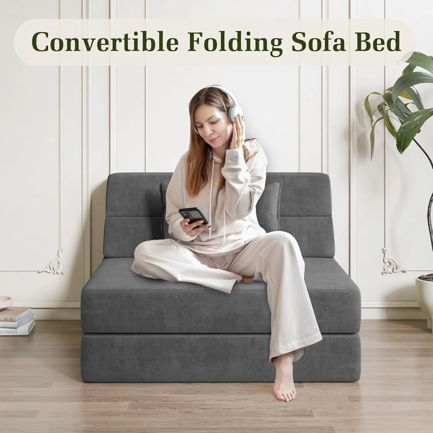 Folding Sofa Bed Convertible Sleeper Chair with Pillow Fold Out Couch Memory Foam Floor Mattress Portable Futon Sofa Bed Lazy Sofa for Living Room/Dorm/Guest Room/Home Office, Single, Light Grey