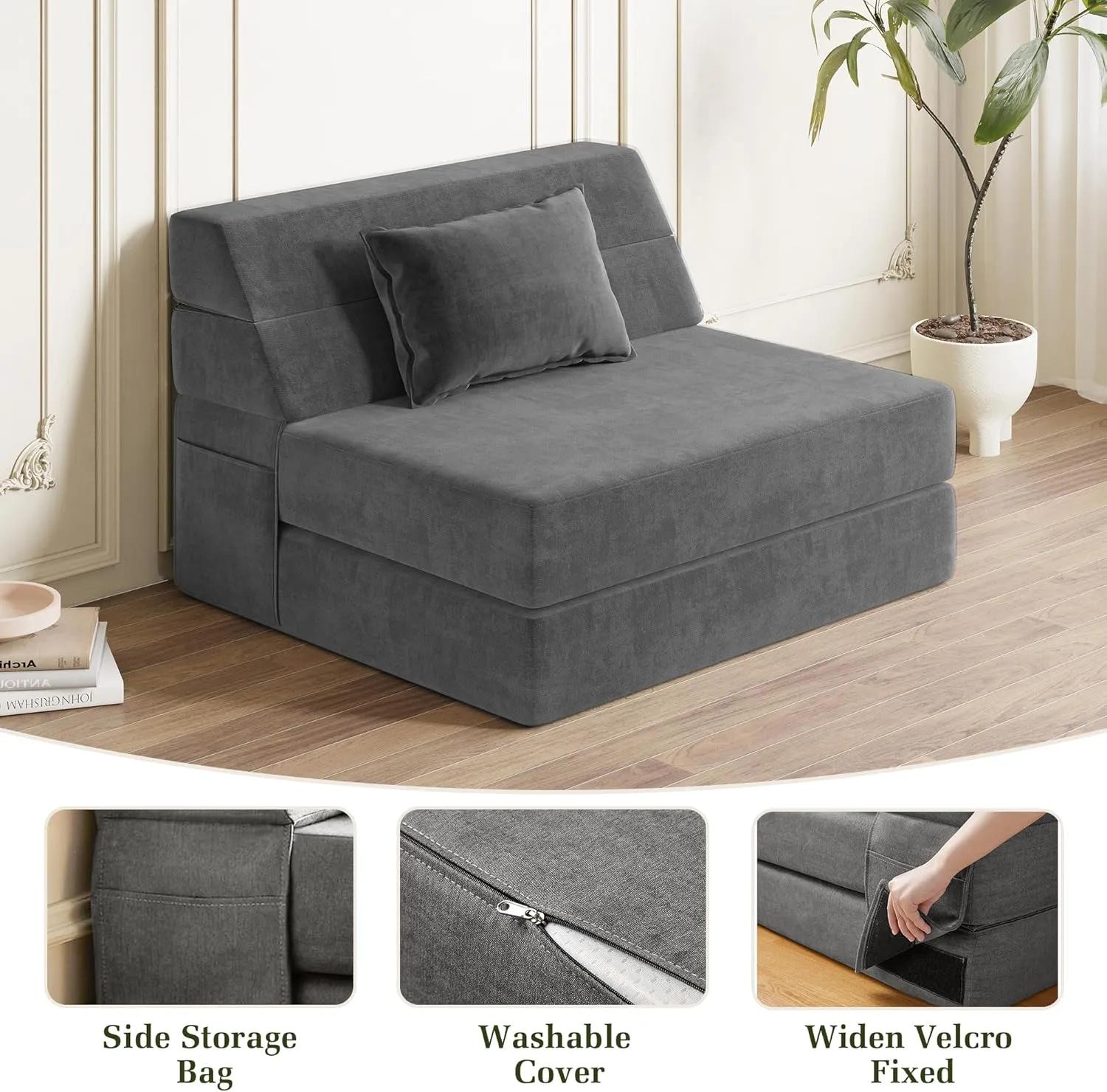 Folding Sofa Bed Convertible Sleeper Chair with Pillow Fold Out Couch Memory Foam Floor Mattress Portable Futon Sofa Bed Lazy Sofa for Living Room/Dorm/Guest Room/Home Office, Single, Light Grey
