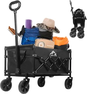 Folding Utility Wagon Collapsible Cart, 352LBS Capacity with Silent Wheels, Storage Bag, Lightweight Cart for Grocery, Gardening, Camping, Outdoor Use, Black