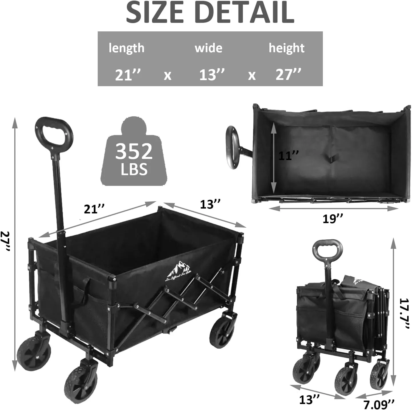 Folding Utility Wagon Collapsible Cart, 352LBS Capacity with Silent Wheels, Storage Bag, Lightweight Cart for Grocery, Gardening, Camping, Outdoor Use, Black