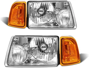for 2001 2002 2003 2004 2005 2006 2007 2008 2009 2010 2011 Ford Ranger Headlight Assembly with Clear Lens Chrome Housing Amber Reflector Headlamp Replacement Left Right Pair