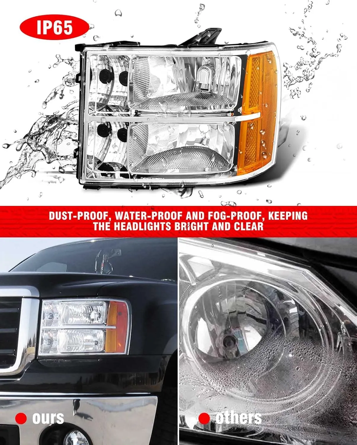 for 2007 2008 2009 2010 2011 2012 2013 2014 Sierra Headlight Assembly compatible with 07-13 GMC Sierra 1500/07-14 GMC Sierra 2500HD 3500HD Chrome Housing Headlamp Replacement L R