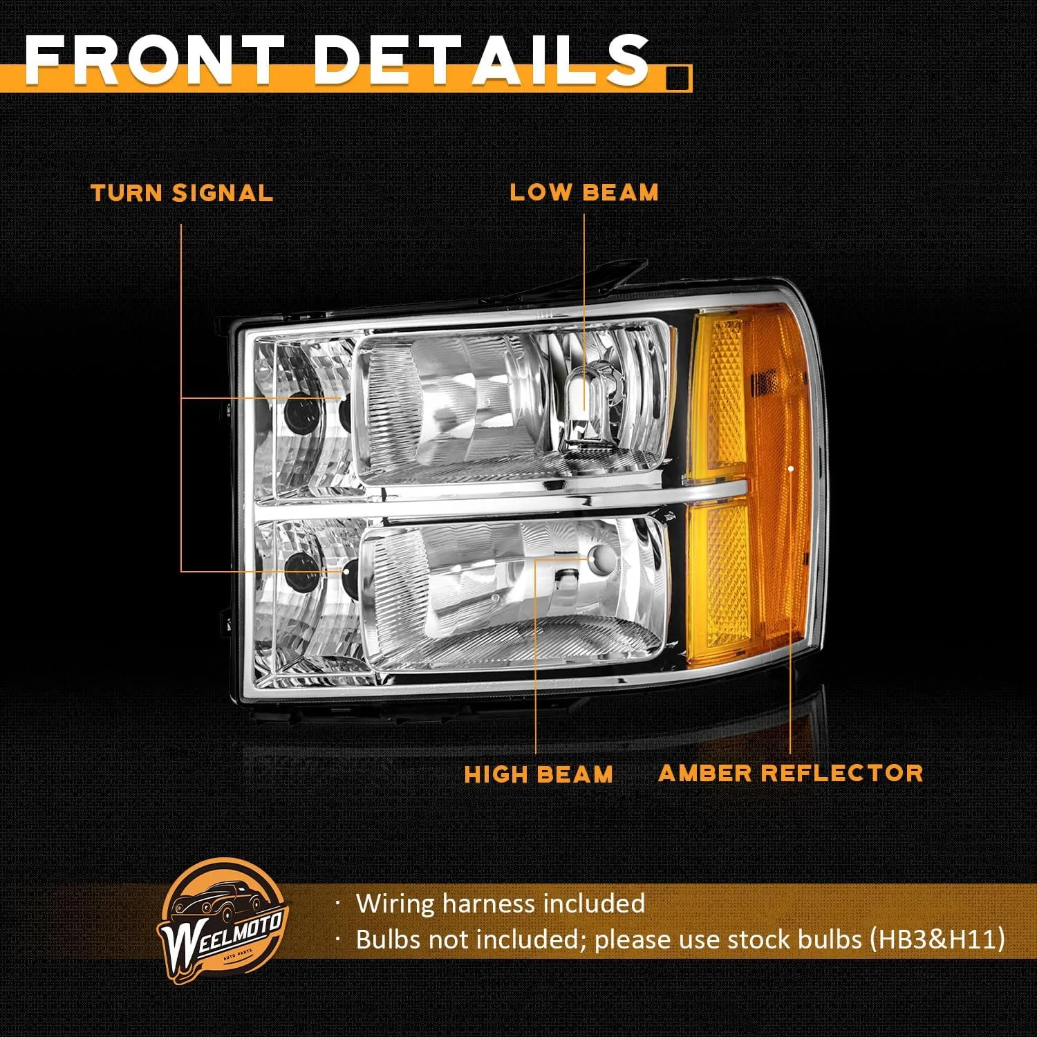 for 2007-2013 Sierra Headlights for 07-13 GMC Sierra 1500/07-14 Sierra 2500 HD 3500 HD Headlamp Chrome Housing Amber Reflector Left Right wiring harness included