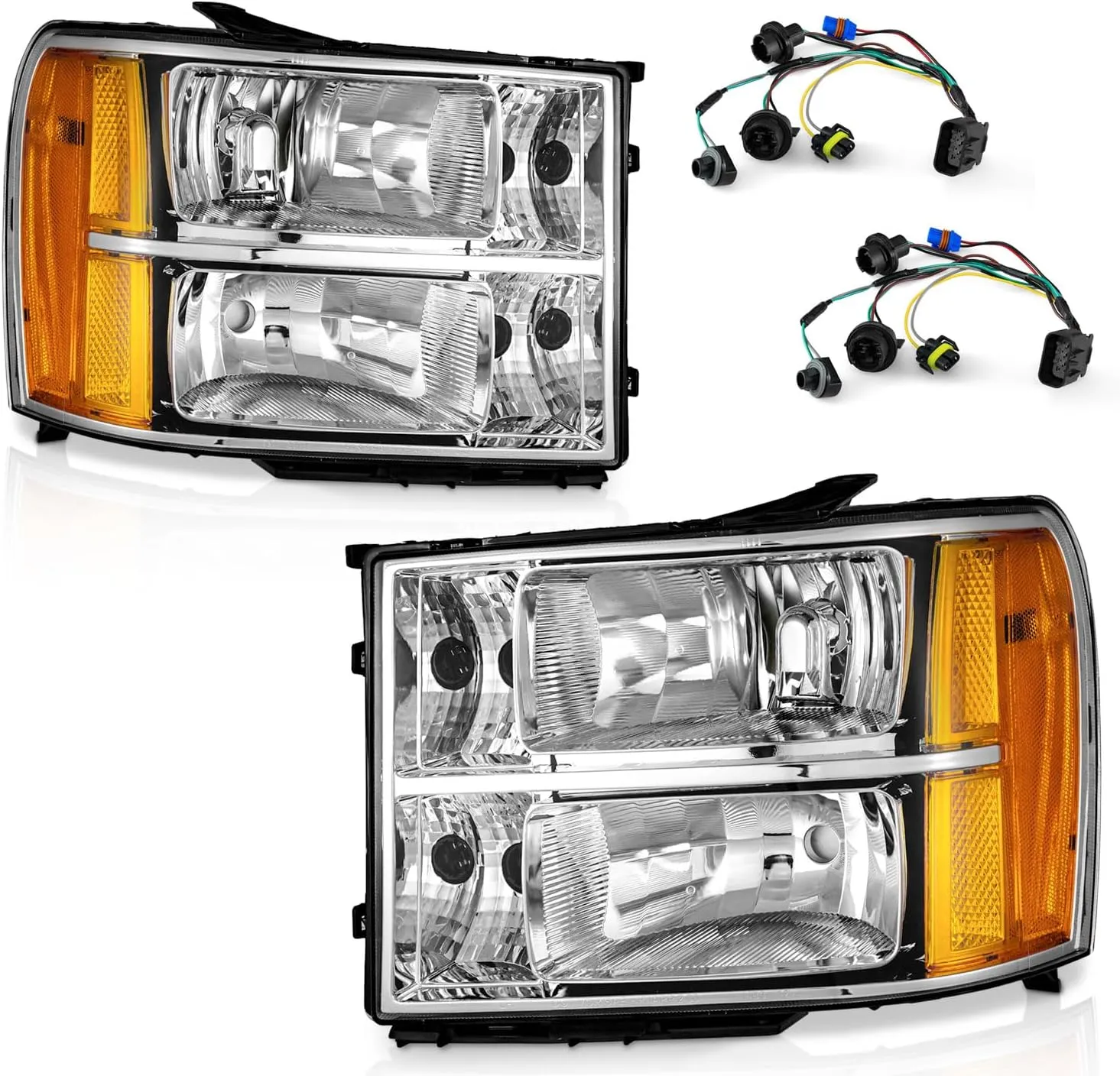 for 2007-2013 Sierra Headlights for 07-13 GMC Sierra 1500/07-14 Sierra 2500 HD 3500 HD Headlamp Chrome Housing Amber Reflector Left Right wiring harness included