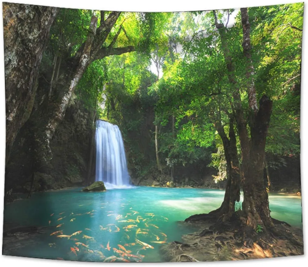 Forest Waterfall Tapestry Wall Hanging Sandy Beach Picnic Rug Camping Tent Sleeping Pad Home Decor Bedspread Sheet Wall Cloth (104x88inch,8)