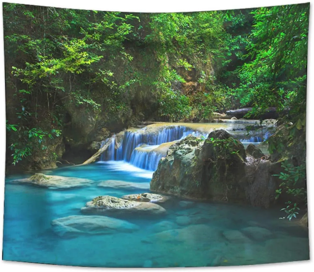 Forest Waterfall Tapestry Wall Hanging Sandy Beach Picnic Rug Camping Tent Sleeping Pad Home Decor Bedspread Sheet Wall Cloth (104x88inch,8)