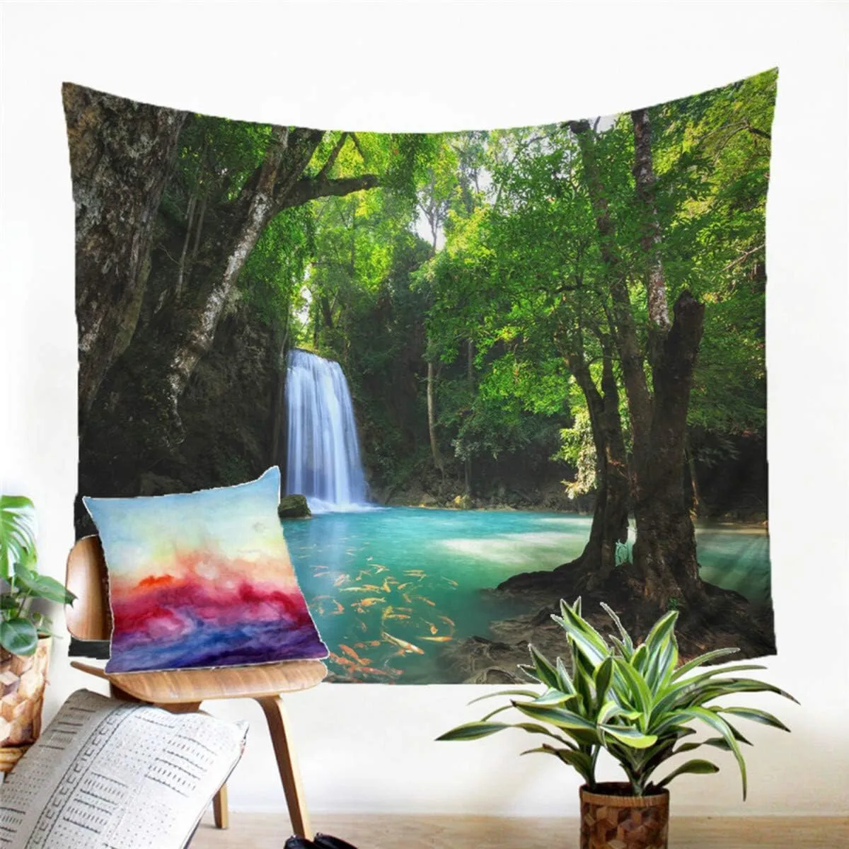 Forest Waterfall Tapestry Wall Hanging Sandy Beach Picnic Rug Camping Tent Sleeping Pad Home Decor Bedspread Sheet Wall Cloth (104x88inch,8)