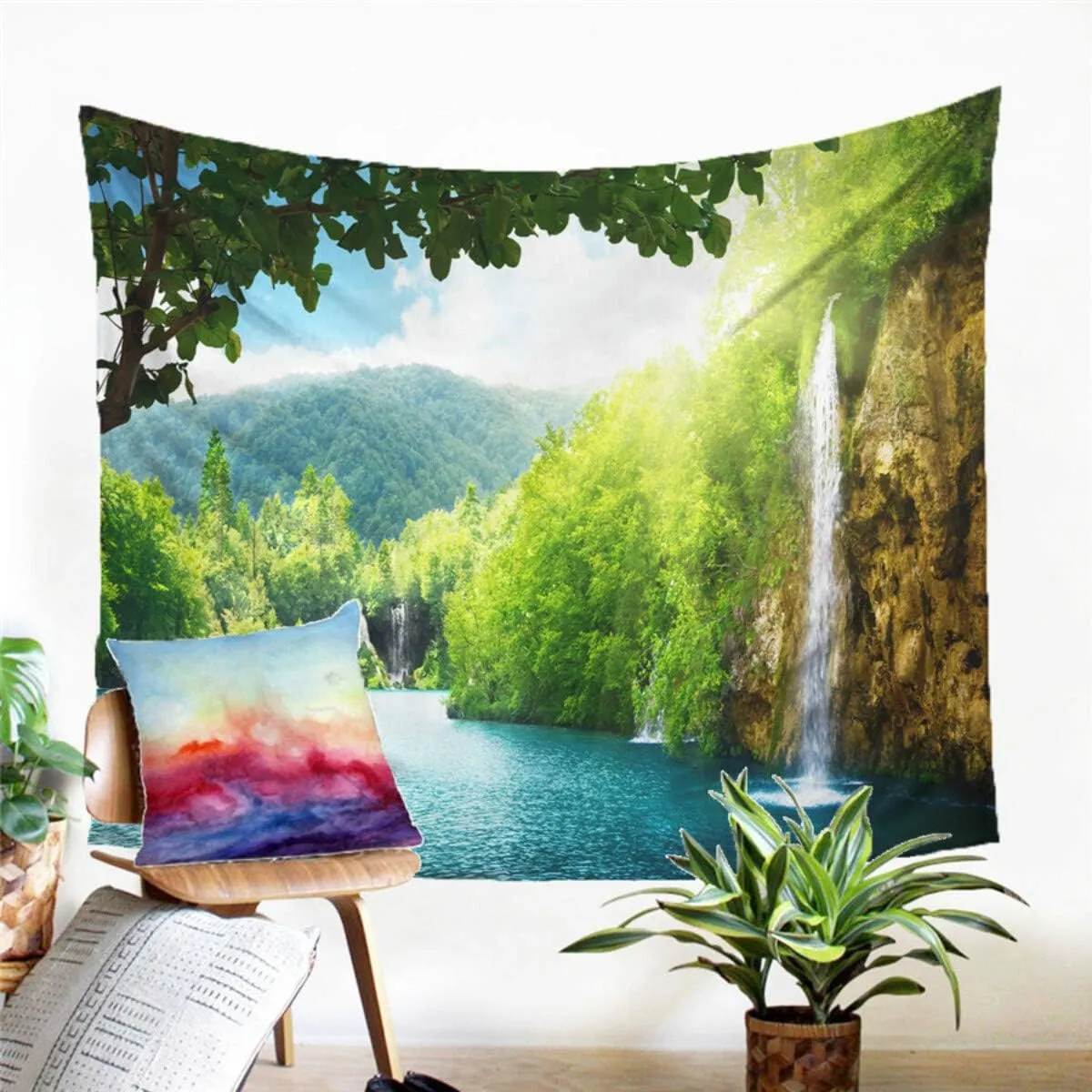 Forest Waterfall Tapestry Wall Hanging Sandy Beach Picnic Rug Camping Tent Sleeping Pad Home Decor Bedspread Sheet Wall Cloth (104x88inch,8)