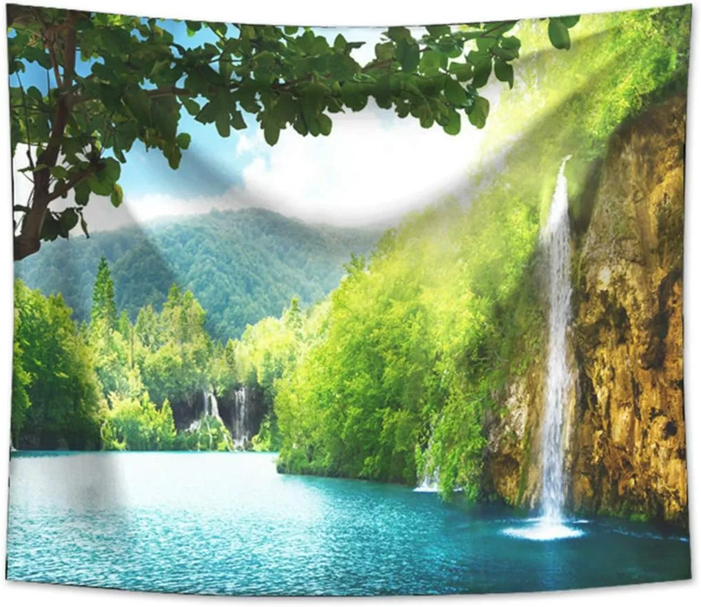 Forest Waterfall Tapestry Wall Hanging Sandy Beach Picnic Rug Camping Tent Sleeping Pad Home Decor Bedspread Sheet Wall Cloth (104x88inch,8)