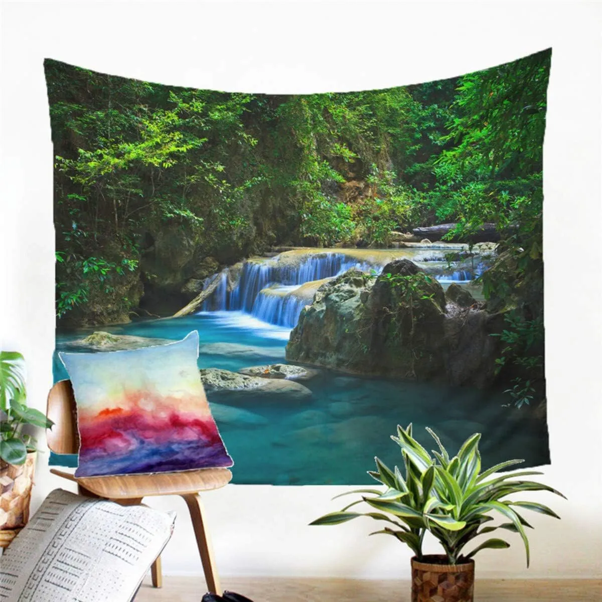 Forest Waterfall Tapestry Wall Hanging Sandy Beach Picnic Rug Camping Tent Sleeping Pad Home Decor Bedspread Sheet Wall Cloth (104x88inch,8)