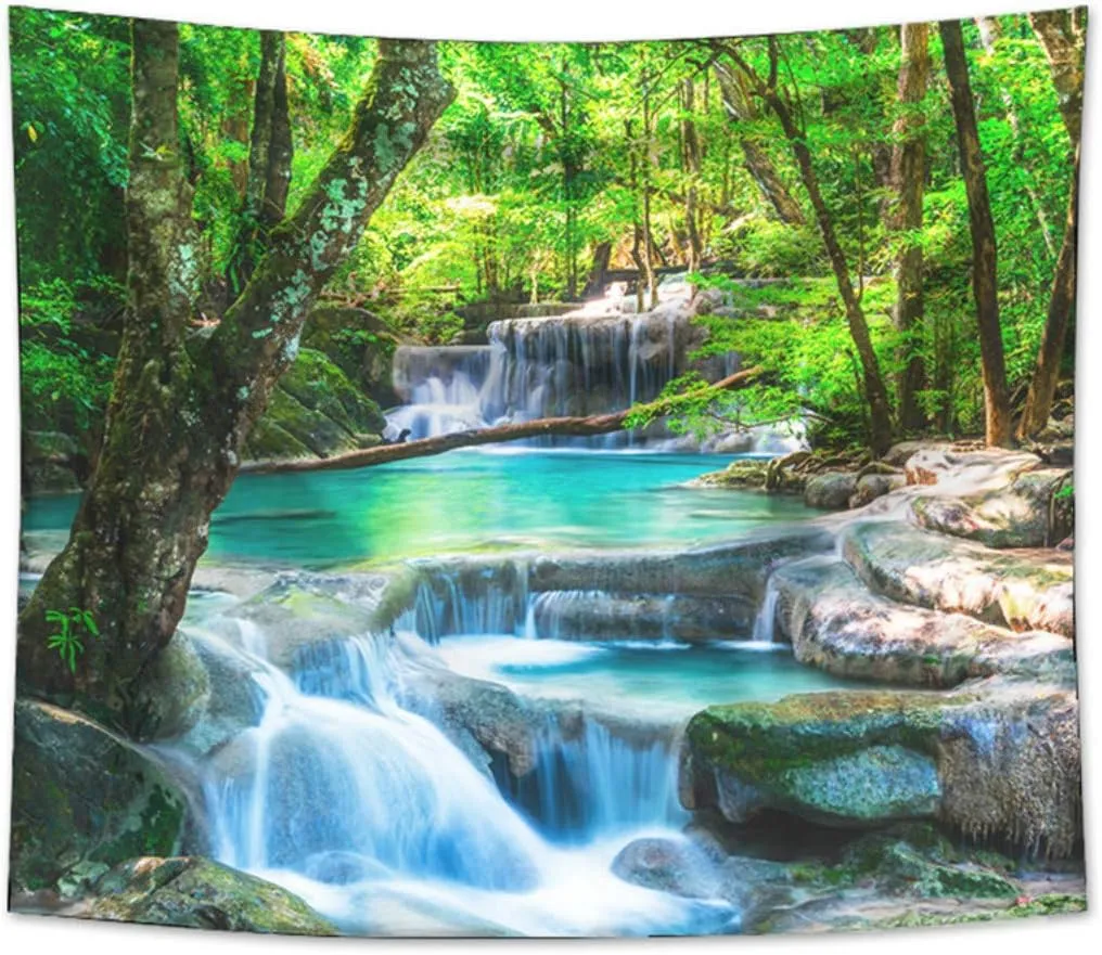 Forest Waterfall Tapestry Wall Hanging Sandy Beach Picnic Rug Camping Tent Sleeping Pad Home Decor Bedspread Sheet Wall Cloth (104x88inch,8)