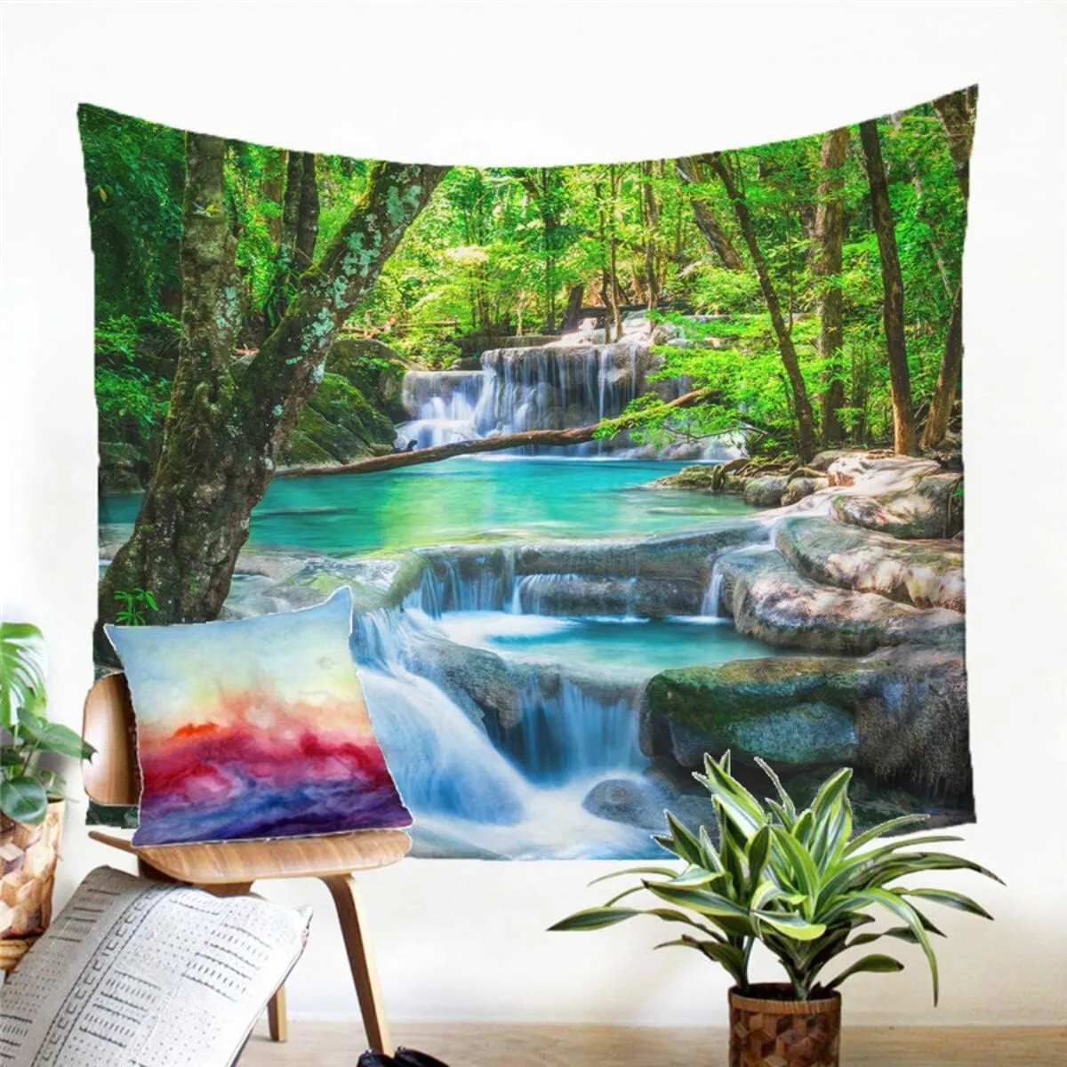 Forest Waterfall Tapestry Wall Hanging Sandy Beach Picnic Rug Camping Tent Sleeping Pad Home Decor Bedspread Sheet Wall Cloth (104x88inch,8)