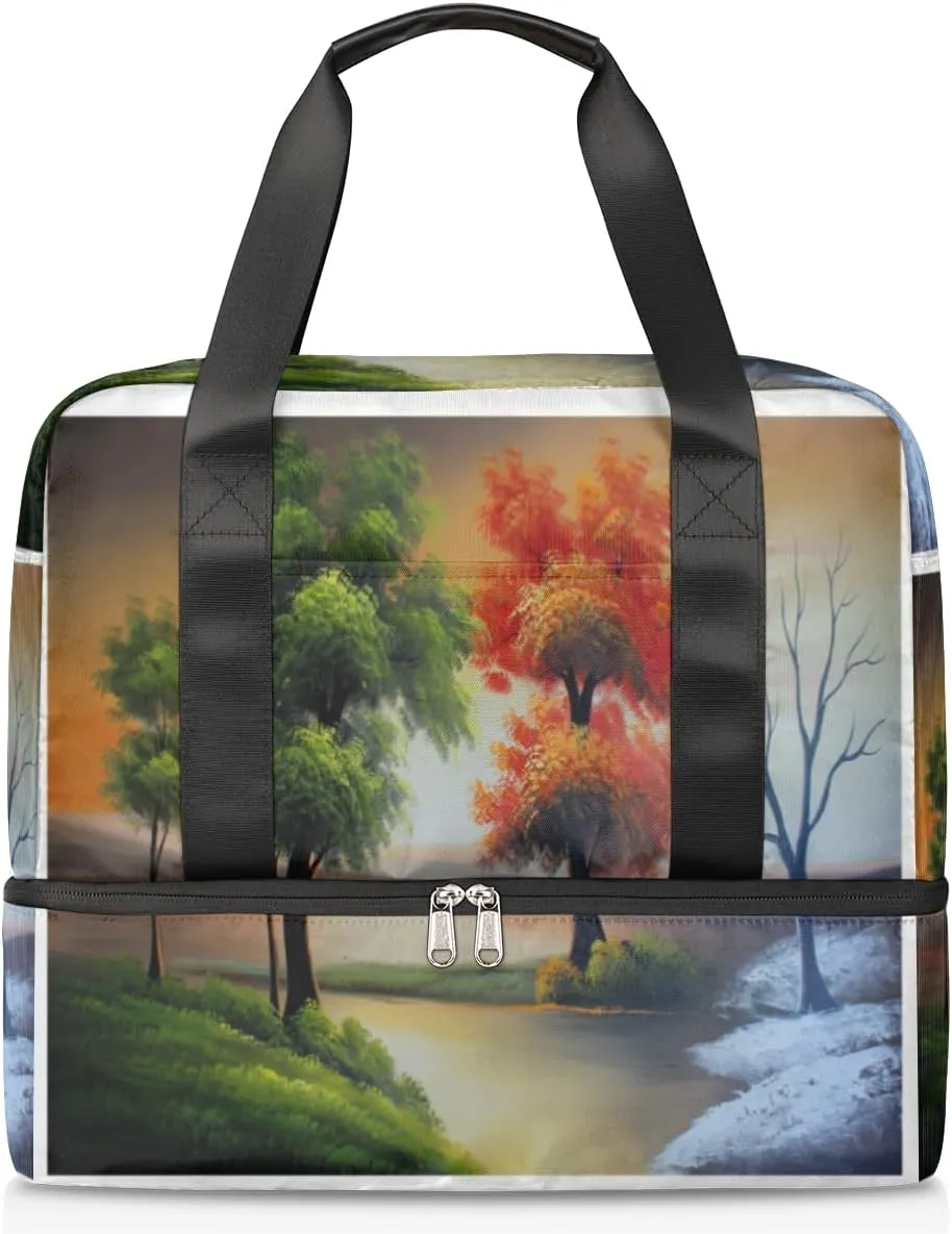 Four Season Landscape Travel Bag Double Tier Zip Closure Weekender Bag with Leather Handle Waterproof Sports Tote Gym Bag for Swim Beach Gym Yoga