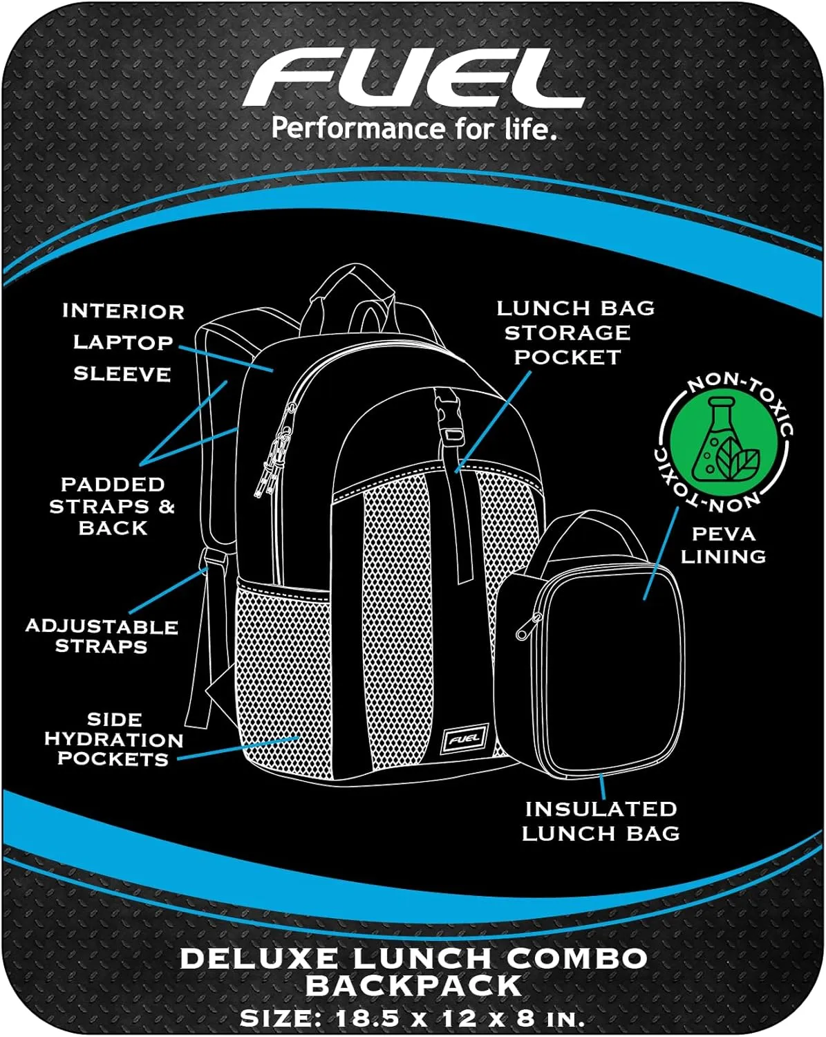 FUEL Lunch Backpack Set Water Resistant Dome Bookbag Bag Soft Reusable Insulated Cooler Lunch Box Thermal Travel Office Lunch Bag, Black
