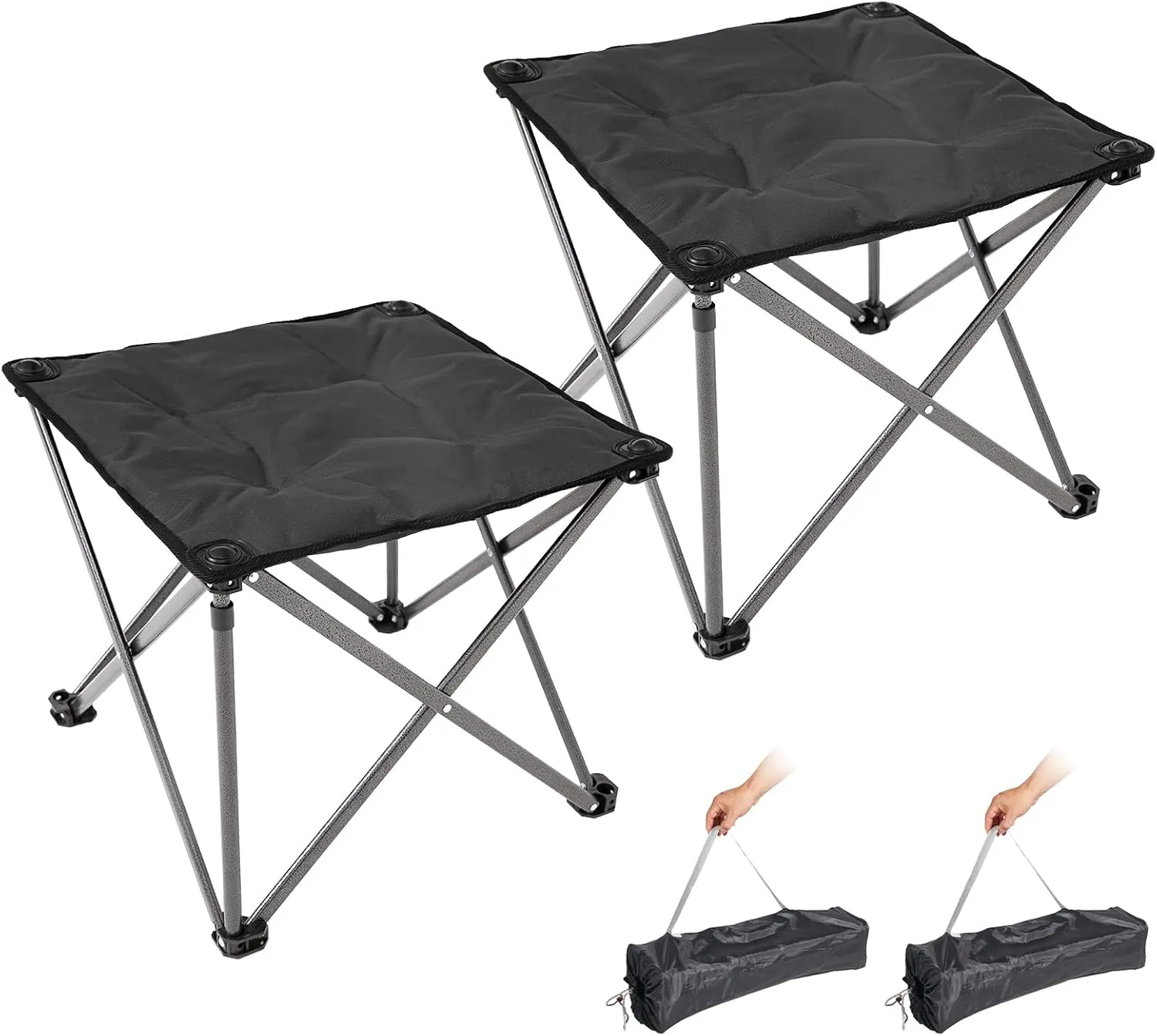 FUNDANGO Folding Camping Stool, 2 Pack 18.1 Inch Oversized Foot Stools 330 Lbs Heavy Duty Portable Padded Seat Anti-Slip Foots & Carry Bag for Fishing Outdoor Lawn Travel (Black)