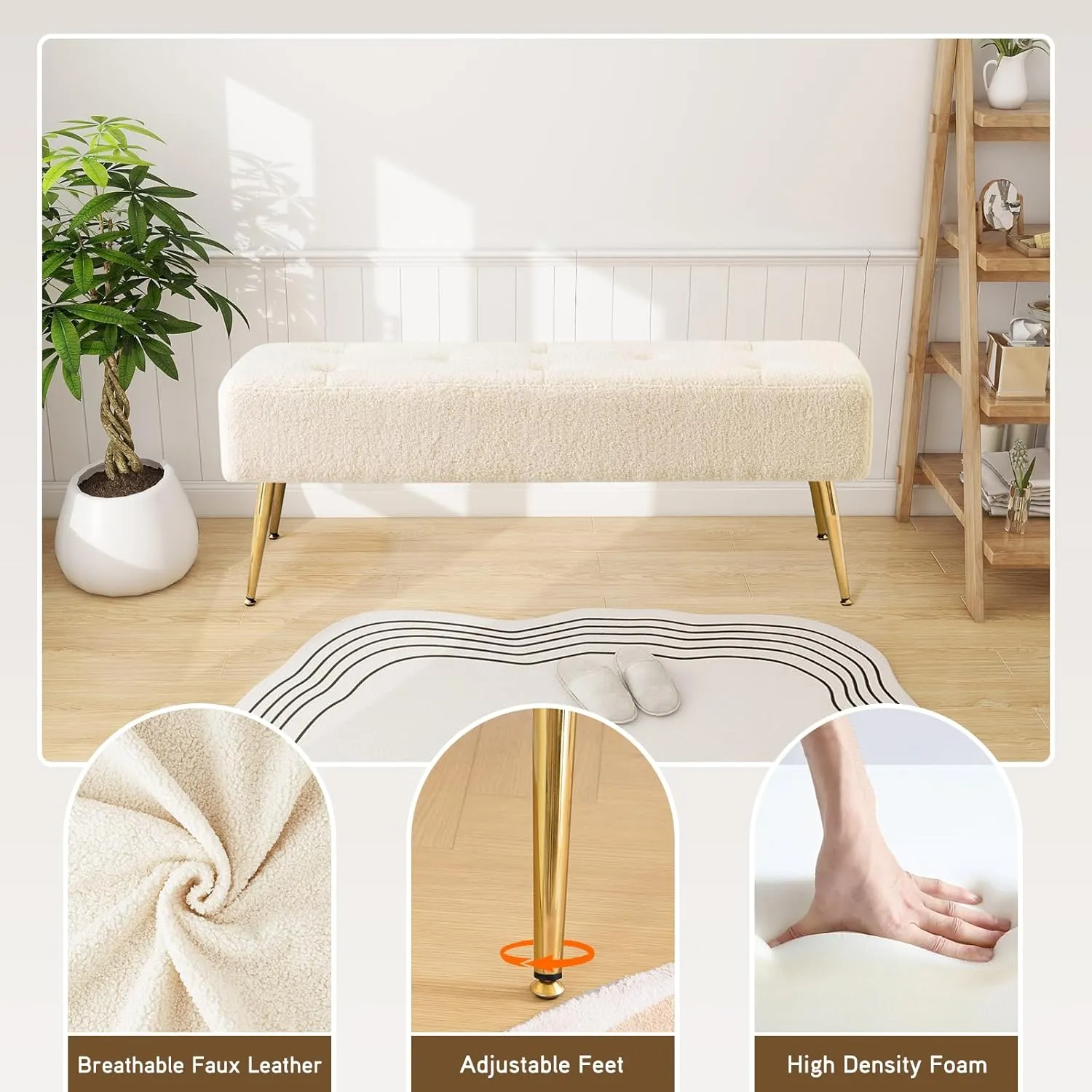 Furnimart Faux Fur Boho Bench Ottoman Upholstered Tufted Bench with Padded Seat, Footrest Foot Stool with Sturdy Metal Leg, for Bedroom Living Room Entryway