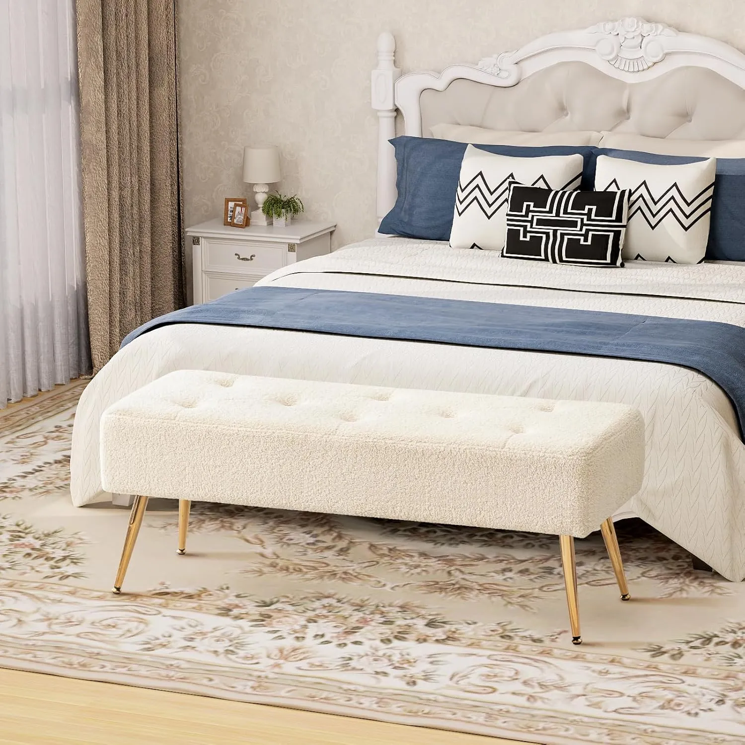 Furnimart Faux Fur Boho Bench Ottoman Upholstered Tufted Bench with Padded Seat, Footrest Foot Stool with Sturdy Metal Leg, for Bedroom Living Room Entryway