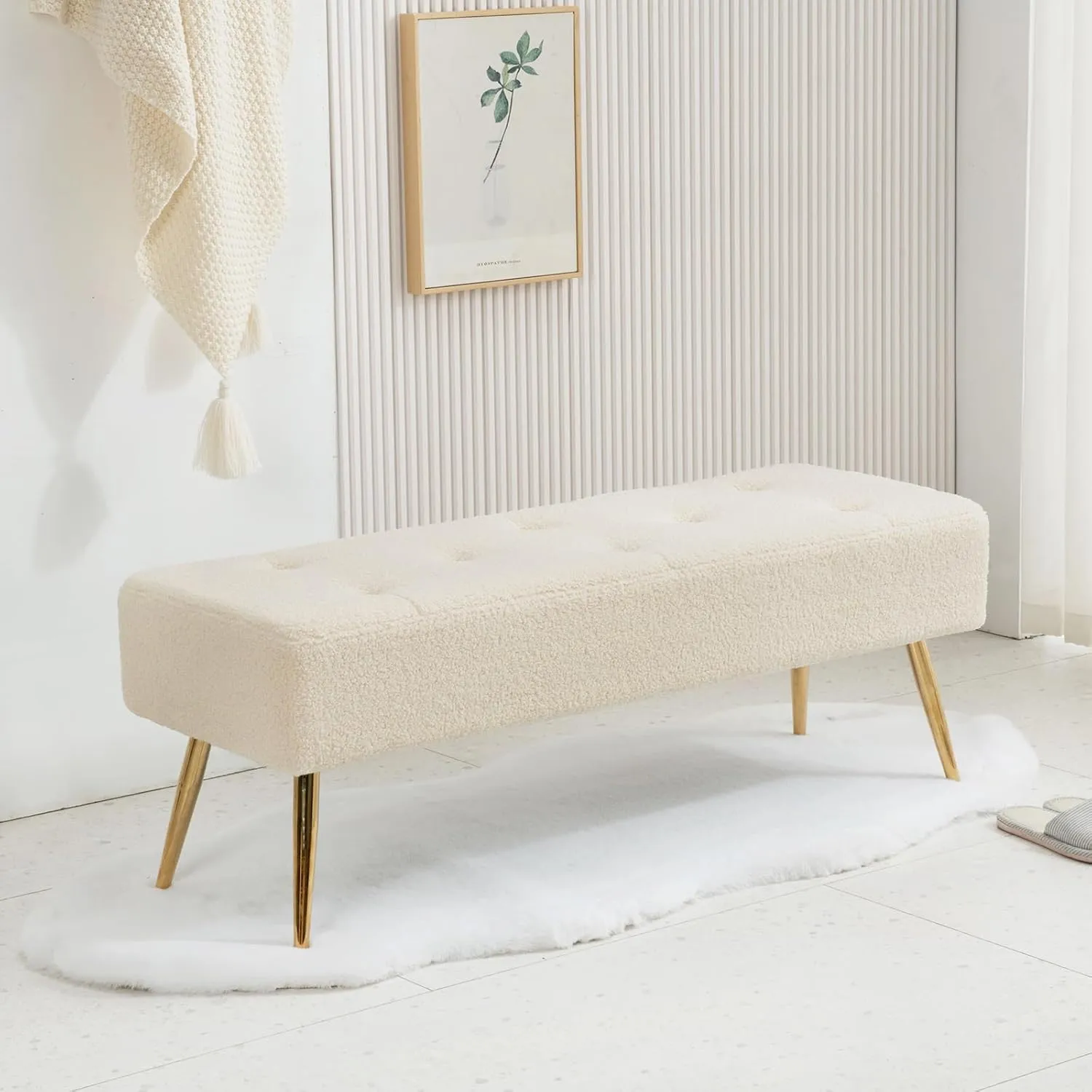 Furnimart Faux Fur Boho Bench Ottoman Upholstered Tufted Bench with Padded Seat, Footrest Foot Stool with Sturdy Metal Leg, for Bedroom Living Room Entryway