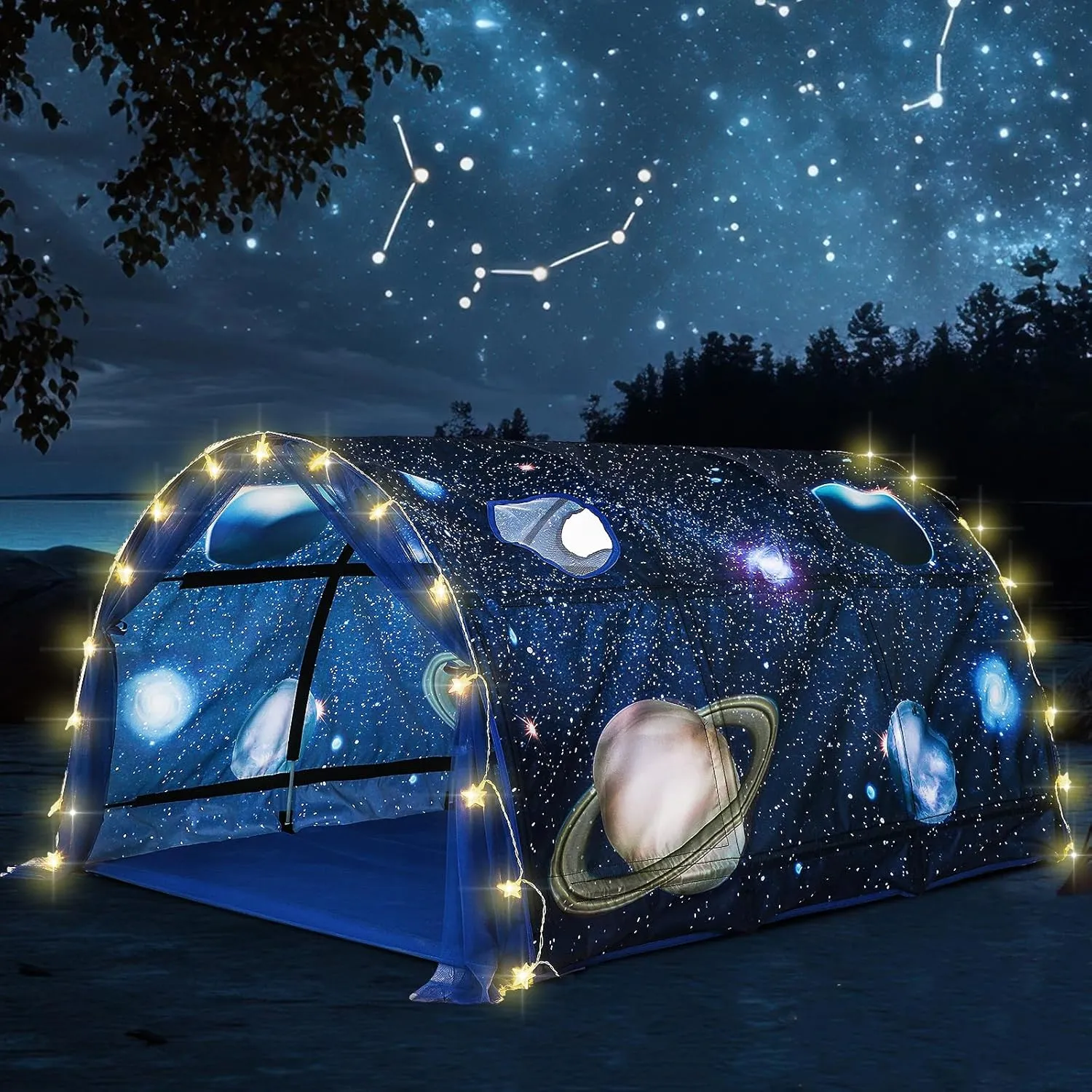 Galaxy Bed Tent for Kids Large Kids Twin Tent Toddler Play Bed with Carry Bag Foldable with String Lights for Girls Boys Bedroom Indoor Games