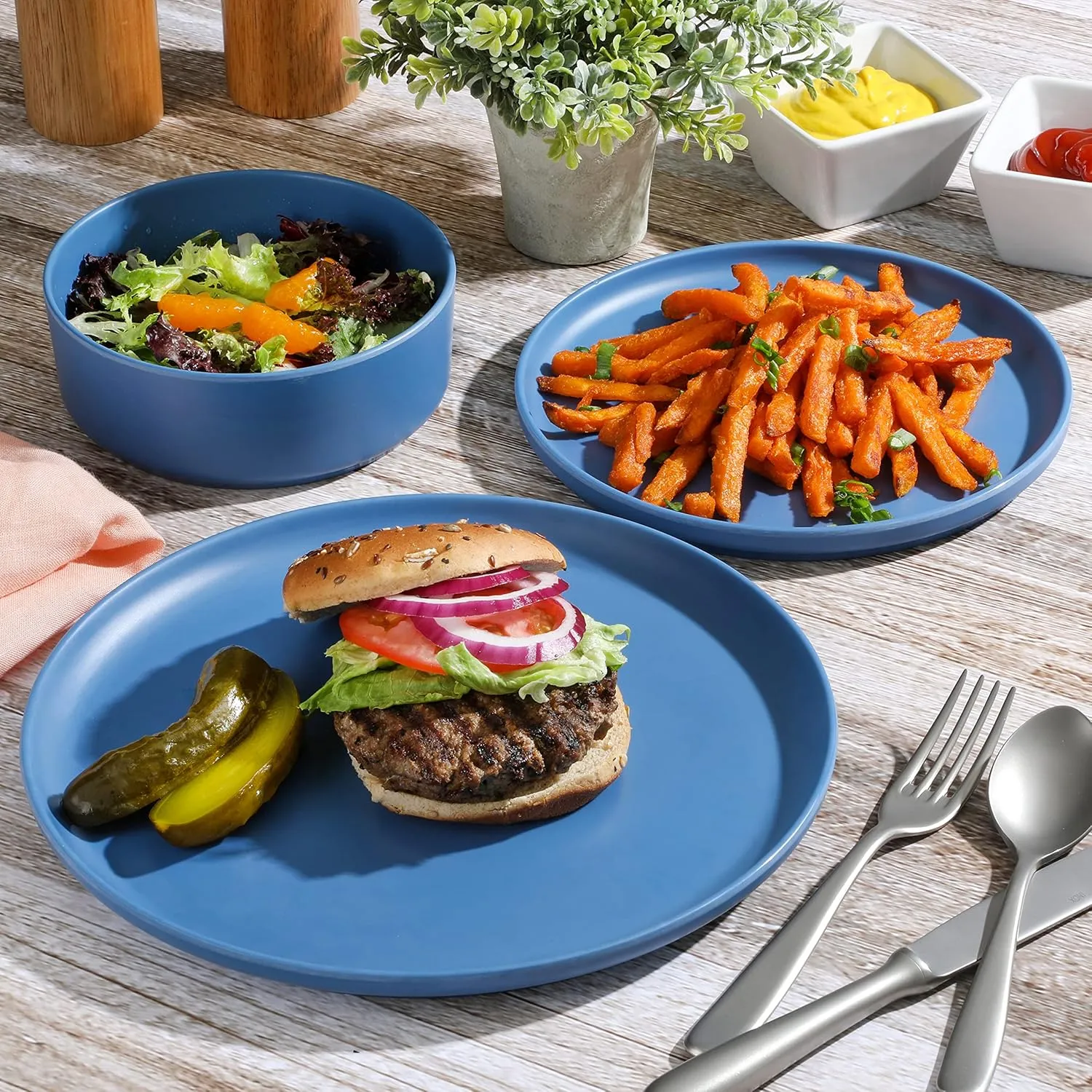 Gibson Home Canyon Crest Stackable Matte Melamine Set - Blue, Service for Four (12pcs)