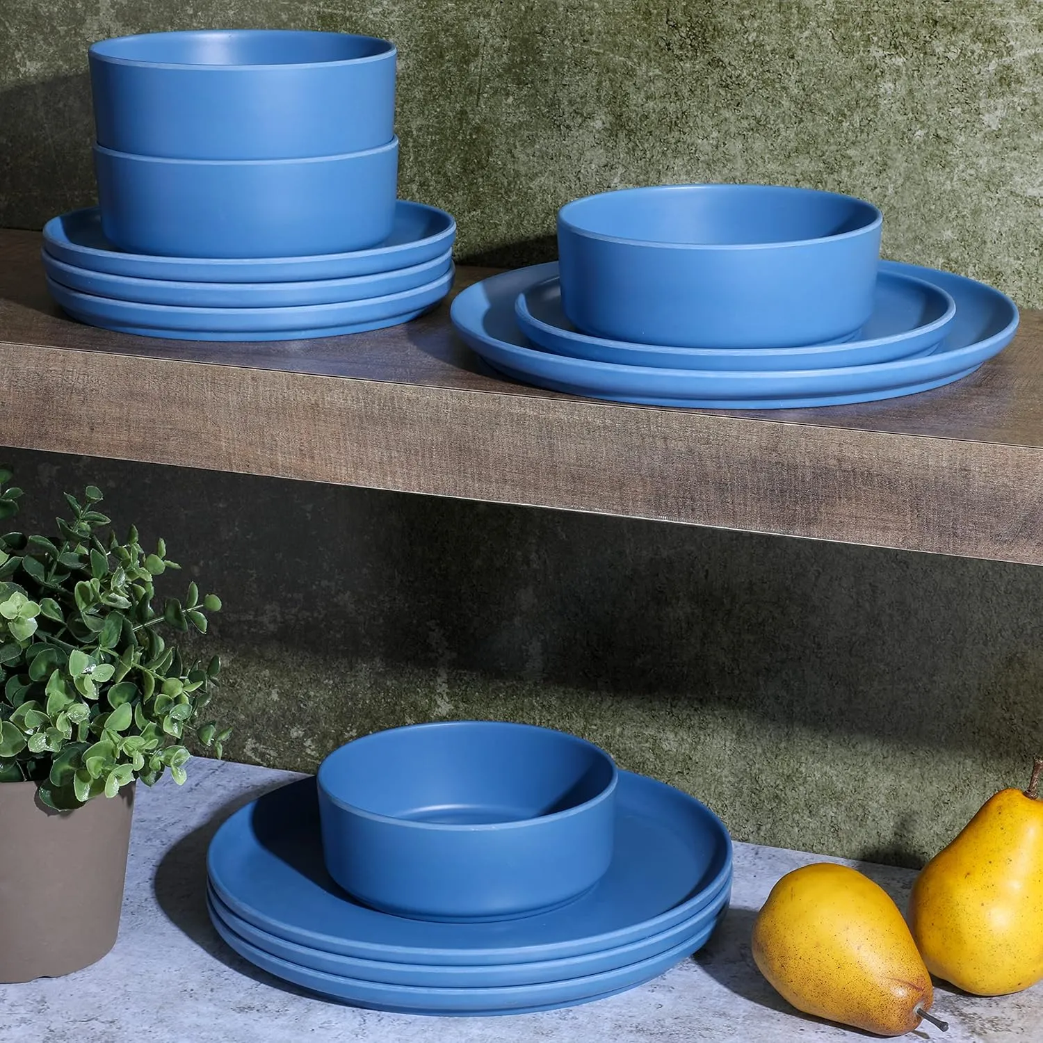Gibson Home Canyon Crest Stackable Matte Melamine Set - Blue, Service for Four (12pcs)