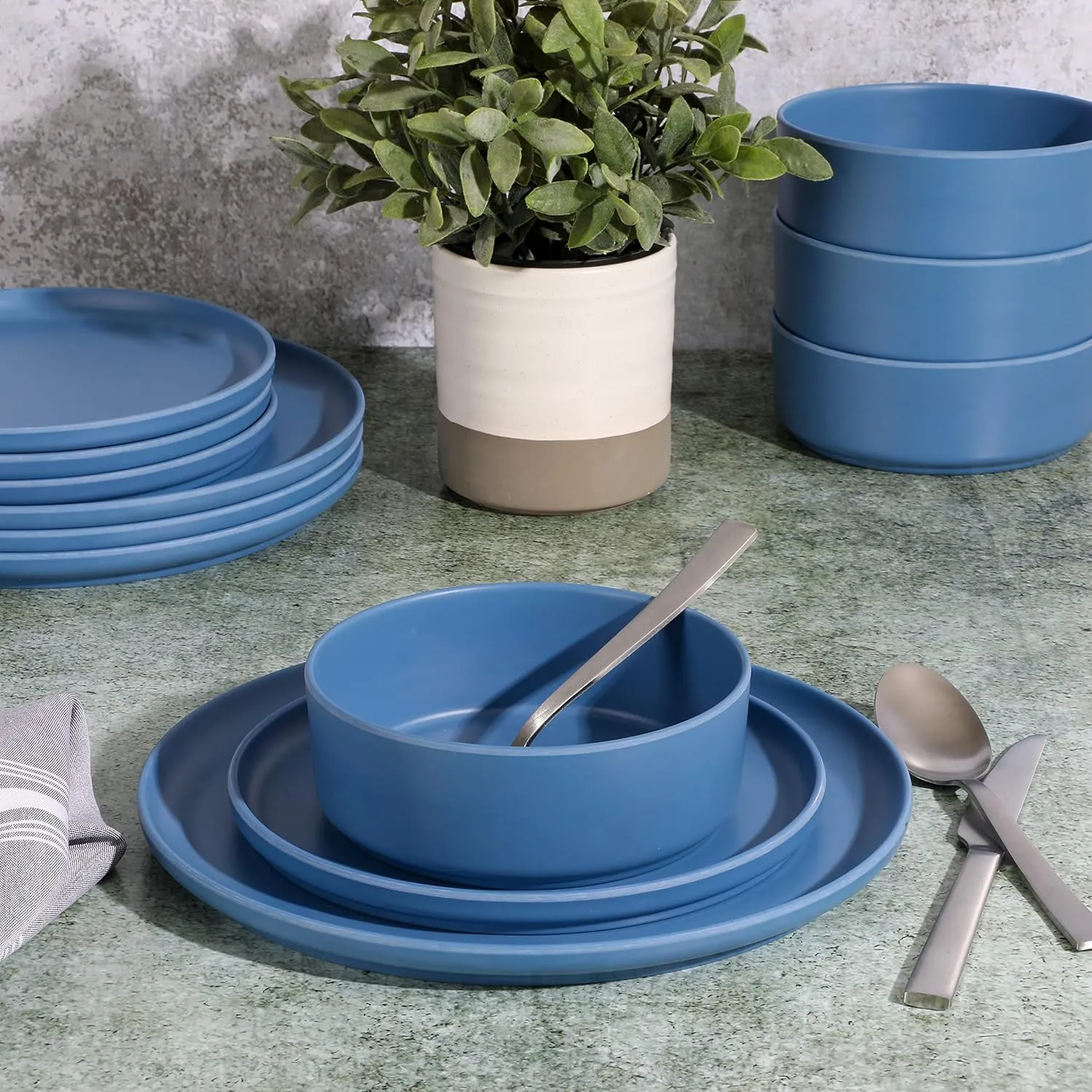 Gibson Home Canyon Crest Stackable Matte Melamine Set - Blue, Service for Four (12pcs)